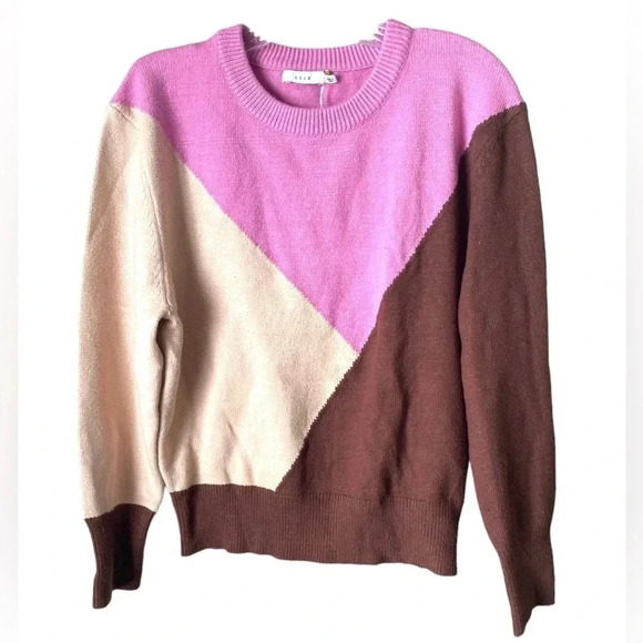 LUSH Women Pink Cognac Supersoft Geo Colorblock Crewneck Jumper Sweater Size S - Picture 4 of 7